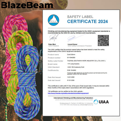 BlazeBeam 8mm Accessory Cord 30M (100ft) UIAA Rock Climbing Rope 14Kn High Tensile Strength Rock Climbing Accessories Cord Double Braid Nylon Cord for Mountain Tree Climbing, Canyoneering,Fire Rescue