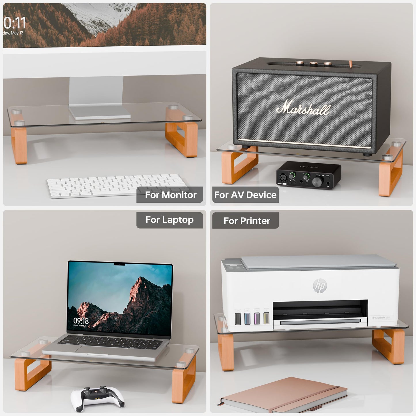 YEOUX Multi-Purpose Desktop Stand, Clear Floating Computer Monitor Riser with Natural Wood Base, Desk Organization Shelf for Printer, Laptop, Audio Device, Flat Screen