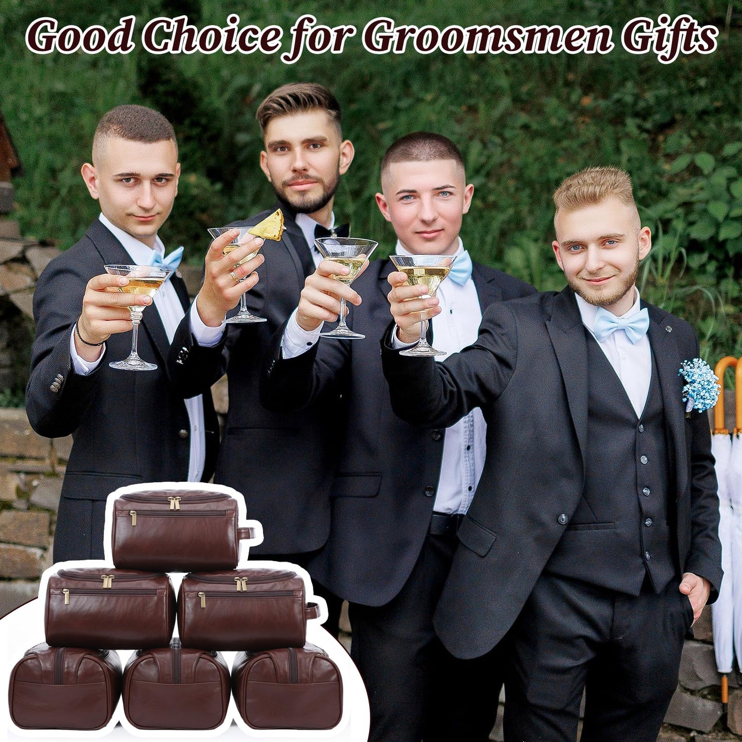 Giloaou 6 Pack Premium Groomsmen Toiletry Bags - PU Leather Travel Shaving Kit with Hook, Wedding Proposal Gift Set for Men, Father, Best Man (Dark Brown)