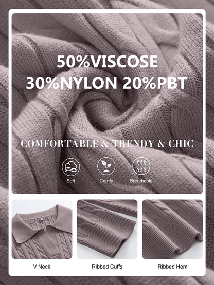 ANRABESS Womens Cable Knit Sweaters Long Sleeve V Neck Sweater Tops Casual Pullover Polo Shirts 2025 Fall Fashion Outfits
