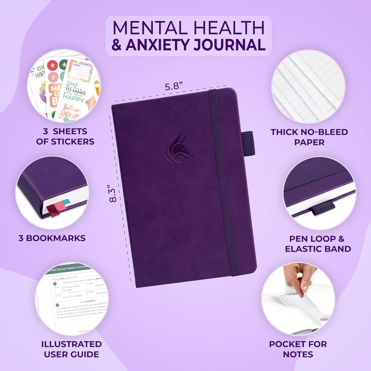 Clever Fox Mental Health & Anxiety Journal – Guided CBT Journal with Prompts for Self Help & Stress Relief – Mood & Emotion Tracker (Purple)
