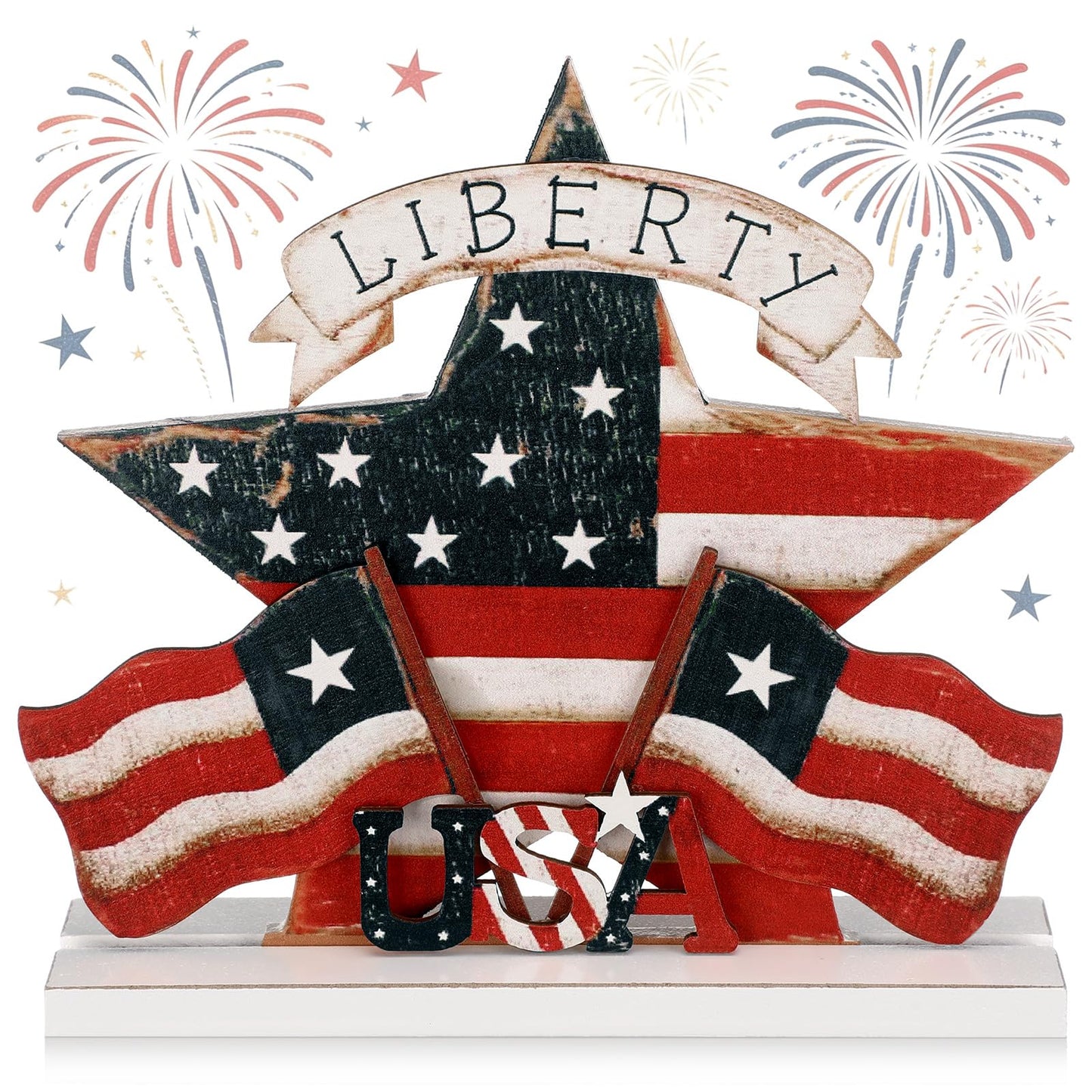BrightRow 4th of July Wooden Star Table Decor Red White Blue Patriotic USA Liberty Star American Flag Tabletop Sign 250th Anniversary Rustic Table Tiered Tray Decor for Independence Day Memorial Day