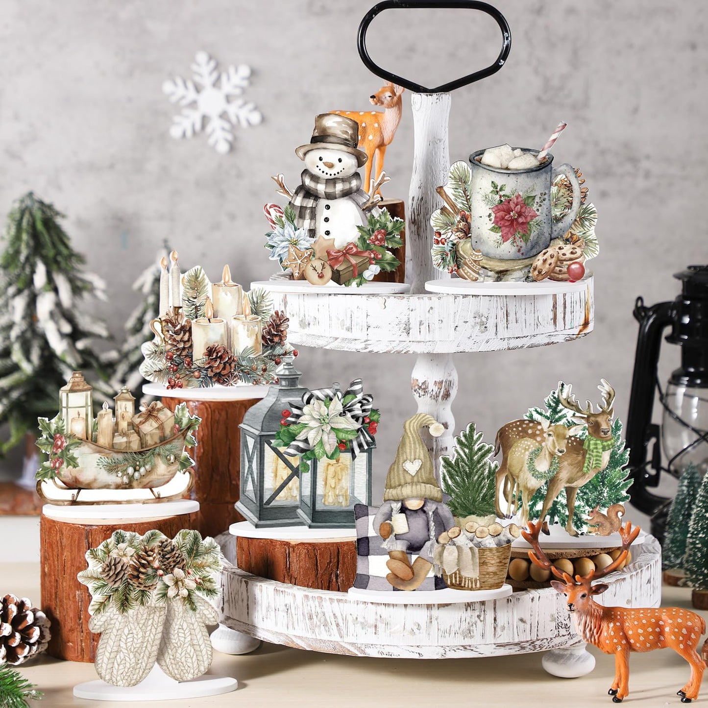Yousoontic 12Pcs Christmas Rustic Wooden Centerpieces Decorations Winter Santa Snowman Elk Gnome Snowflake Xmas Tree Wooden Signs Farmhouse Tabletop Centerpieces Home Decor for Winter Holiday Dinner