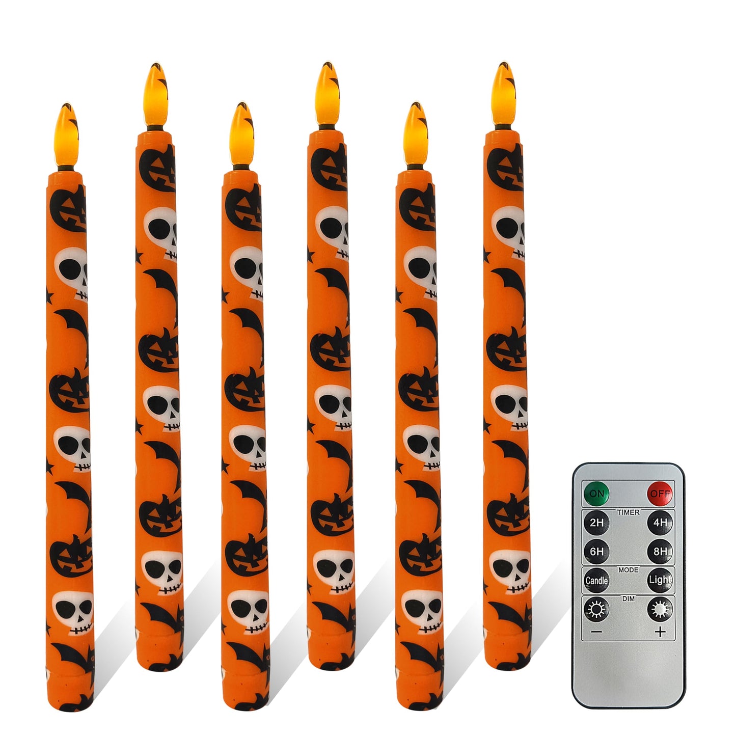 FCMSHAMD 6PCS Halloween Orange Flameless Taper Candles, 11 Inch LED Candlesticks Battery Operated with 11-Key Remote and Timer, 3D Flickering Flame Lights for Wedding Party Home Decor Gifts