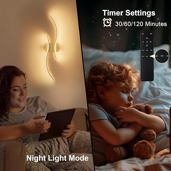 Battery Operated Wall Sconces Set of Two with Remote Control, Stepless Colors 3000K-6000K & Dimming, LED Gold Wireless Wall Light for Living Room, Hallway, Bedroom, 31.5 Inch (2 Pack)