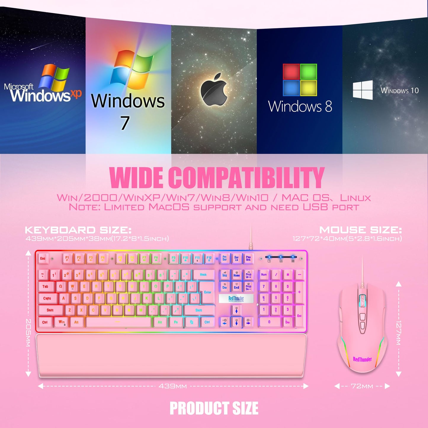 RedThunder K10 Wired Gaming Keyboard and Mouse and Wrist Rest Combo, RGB Backlit, Mechanical Feel Anti-ghosting Keyboard + 7D 7200 DPI Mice+Soft Leather Wrist Rest 3 in 1 PC Gamer Accessories(Pink)
