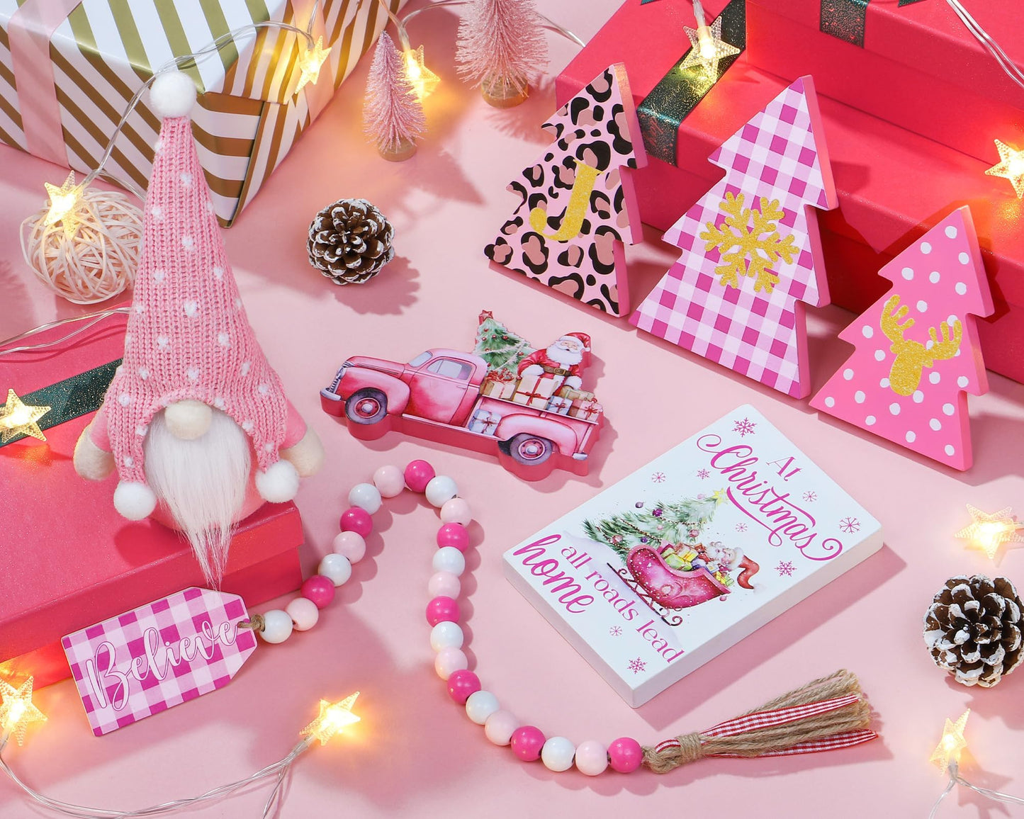 Asoulin Pink Christmas Tiered Tray Decor 8 PCS Xmas Decorations Indoor - Believe Christmas Wooden Signs & Pink Xmas Gnome Plush Set - Table Decor Tier for Home Kitchen Mantel