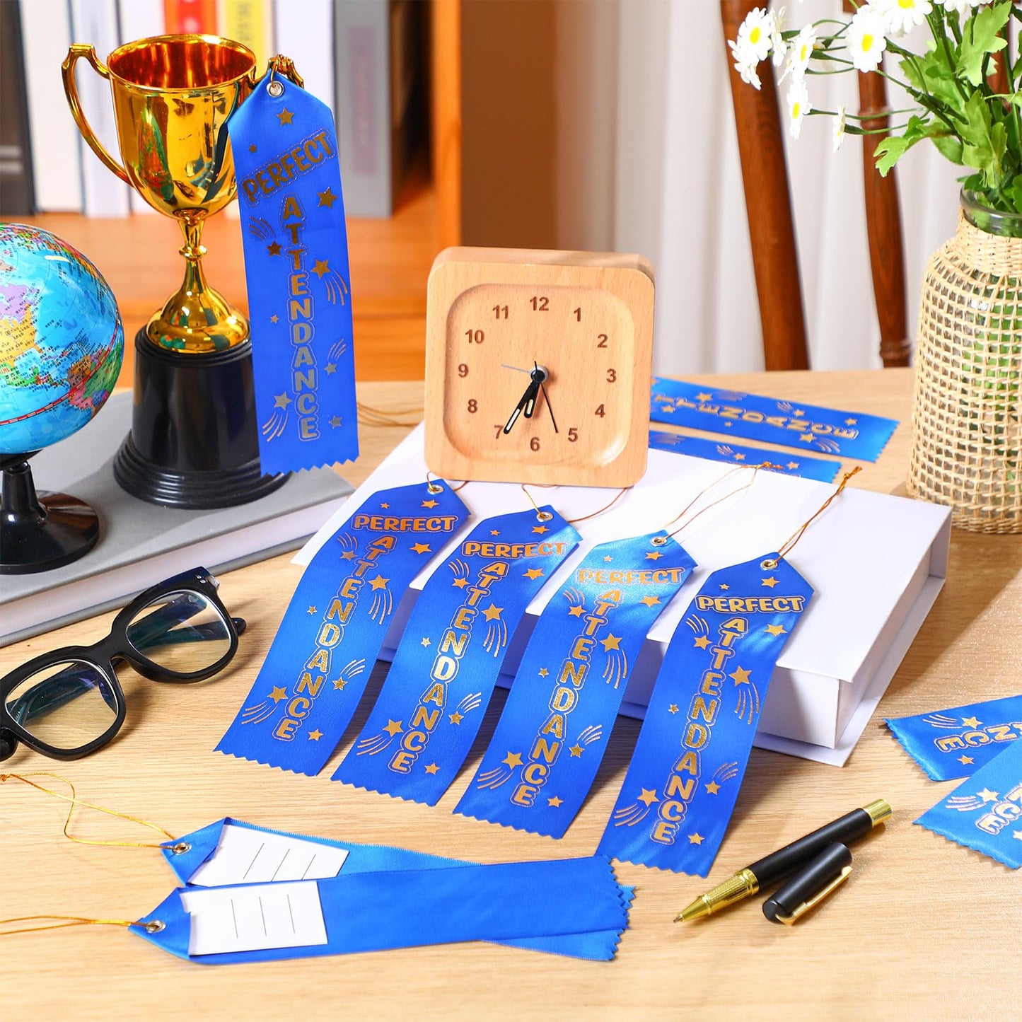 Wavwavw 100 Pcs Perfect Attendance Ribbons Bulk 8" x 2" Prizes Ribbons with Event Card and String Award Prize Gift for Tournaments Competitions Party Classroom Home Study Supplies