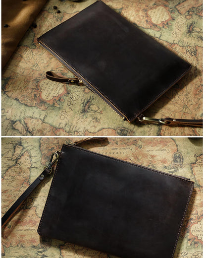 Inkfew Genuine Leather Wristlet for Women and Men, Leather Clutch Business Briefcase Tablet Sleeve Bag with Zip Closure