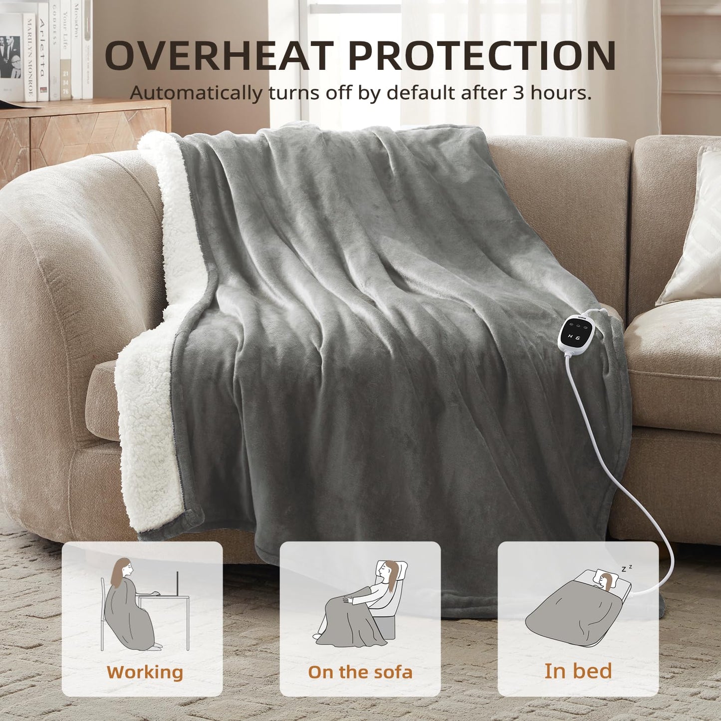 Bwarm Heated Blanket Faux Fur Electric Throw Blanket Sherpa Fleece Touch Screen Women Gift,Faux Christmas Fur Blanket for Couch, Sofa, Bed Gray 50x60 Inches