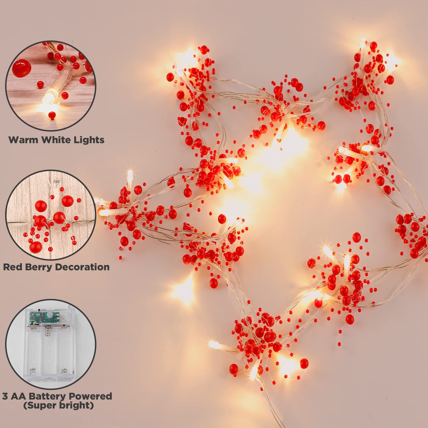 Mosoan 10FT 30 LED Christmas String Lights Battery Operated, 2 Light Modes Xmas Lighted Red Berry Garland for Christmas Tree Fireplace Decoration Indoor