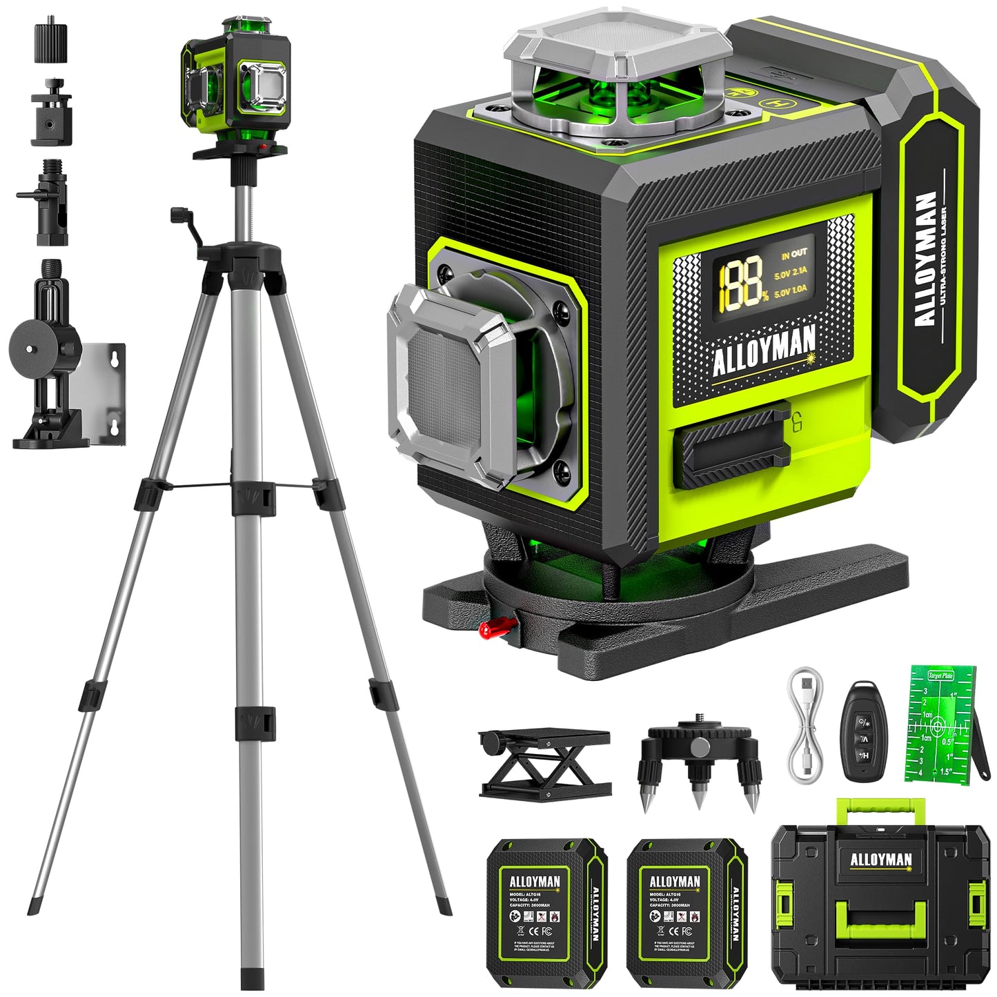 Alloyman Laser Level with Tripod, 4 × 360° Self Leveling Laser Level, Nivel Laser Green Line Lazer Leveler Tool for Picture Hanging, Home Renovation, Indoor Project, 2*Battery&Carrying Bag Included
