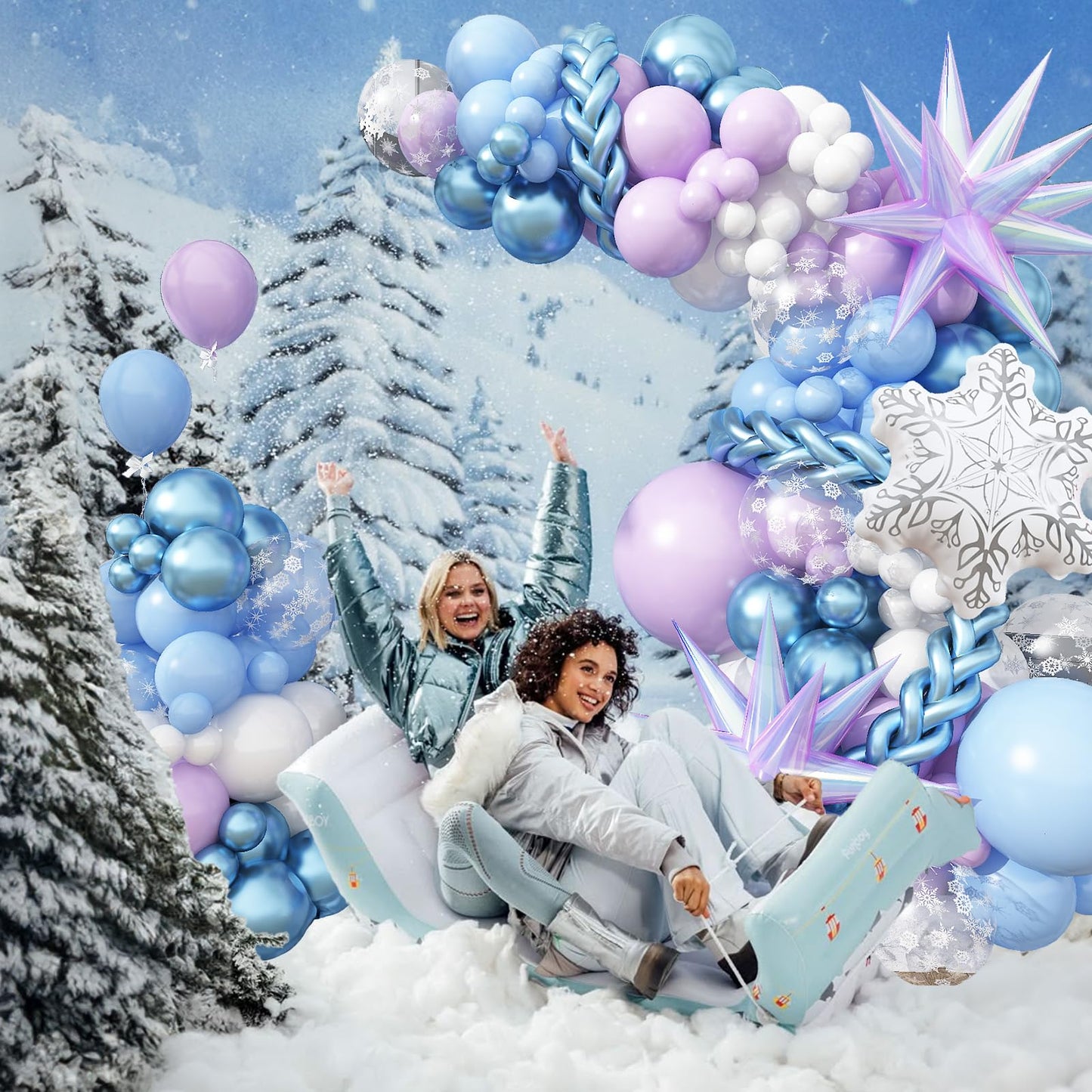 Winter Balloon Arch Garland Kit, Baby Pastel Metallic Blue Light Purple White Latex Balloons with Snowflake Exploding Star Foil Balloon for Winter Wonderland Xmas Ice Snow Birthday Party Decorations