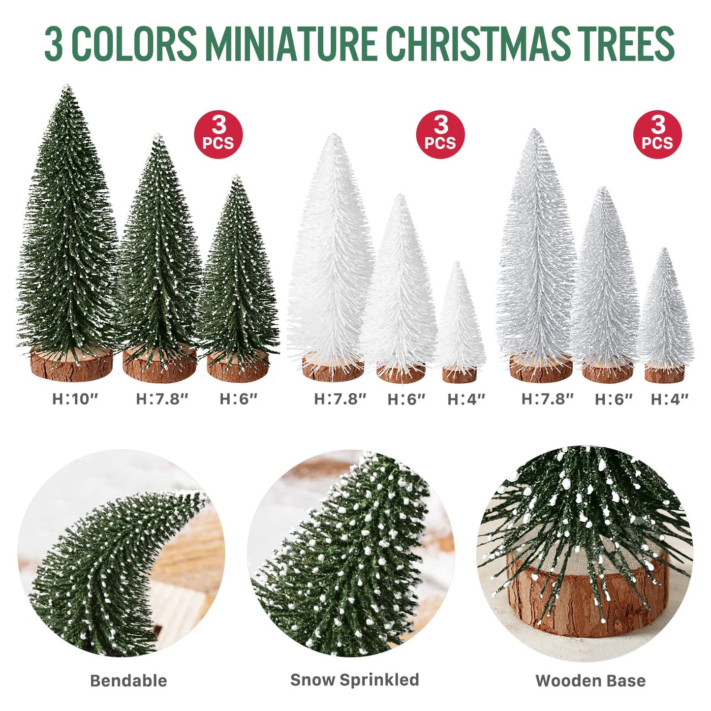 9Pcs Mini Bottle Brush Christmas Trees in 4 Sizes - Green, Silver, White Table Decorations