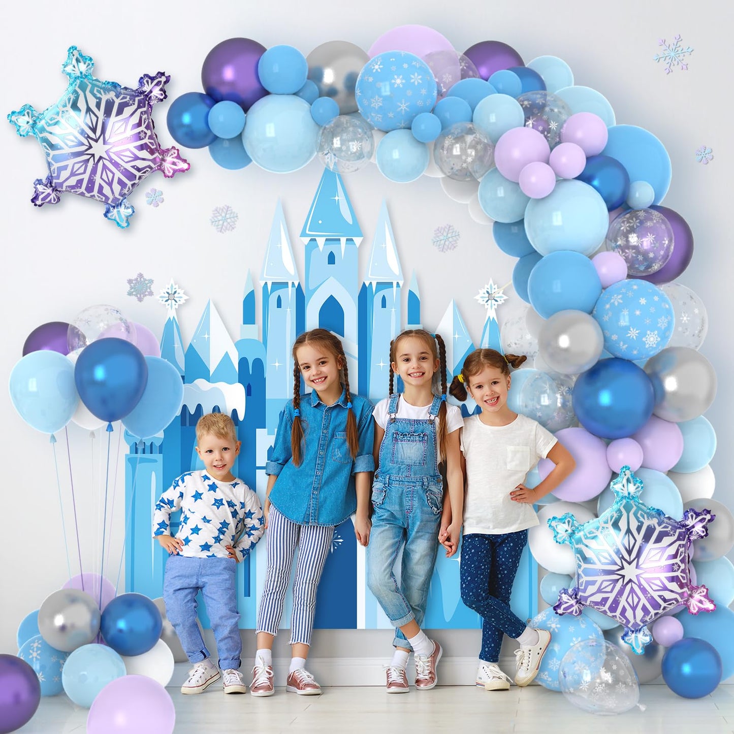 Snow Balloon Garland Arch Kit Princess Castle Backdrop Blue Purple Snowflake Balloons Garland Kit Winter Wonderland Princess Party Decorations for Girls Birthday Baby Shower Wedding Party Supplies