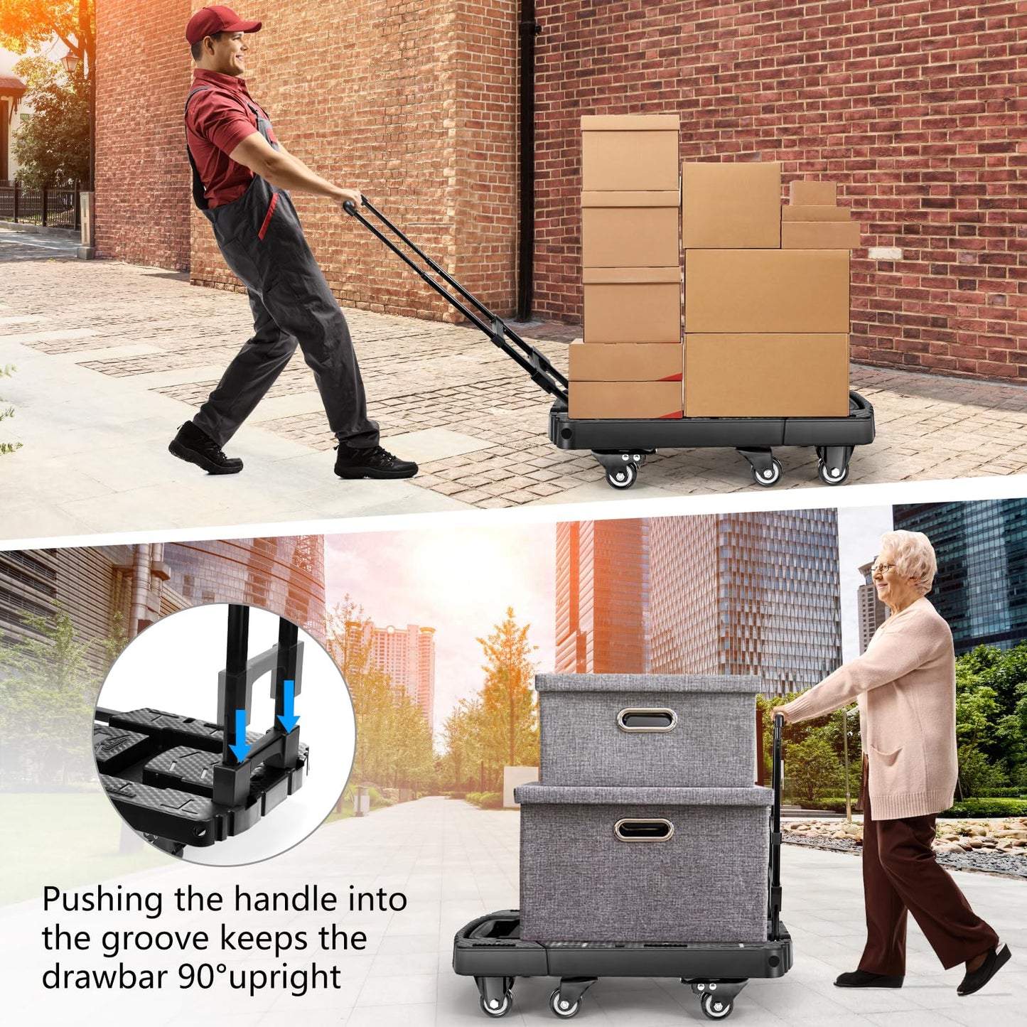 Voipvvii Folding Hand Truck 500lbs, Portable Heavy Duty Dolly Cart, 6 Wheels Collapsible Luggage Cart with 2 Elastic Ropes - Compact Trolley Cart for Easy Moving - Ideal Hand Cart for Travel and More