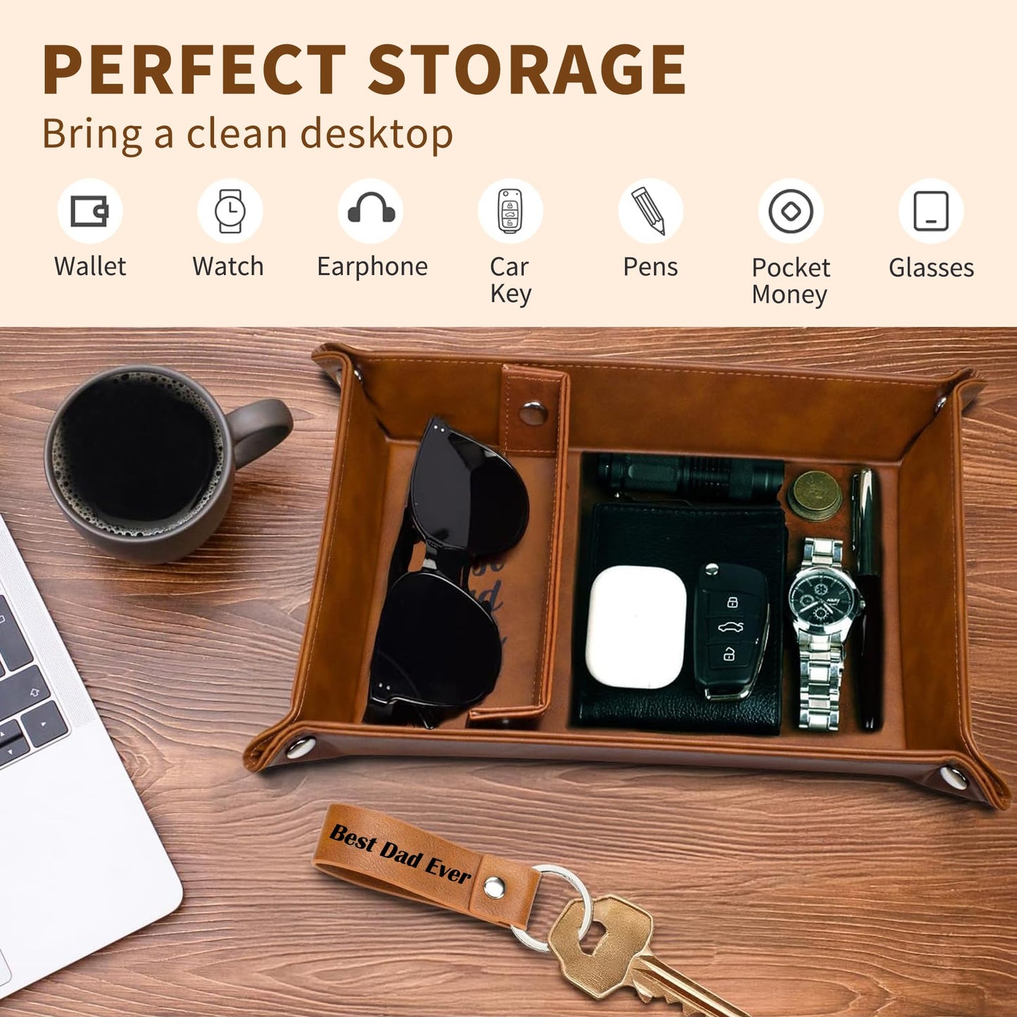 Papa Grandpa Gifts for Fathers Day PU Leather Valet Tray and Keychain, Father's Day Birthday Gift for Grandpa from Granddaughter Grandson, Men Gift for Grandpa Grandfather Presents Useful Stuff
