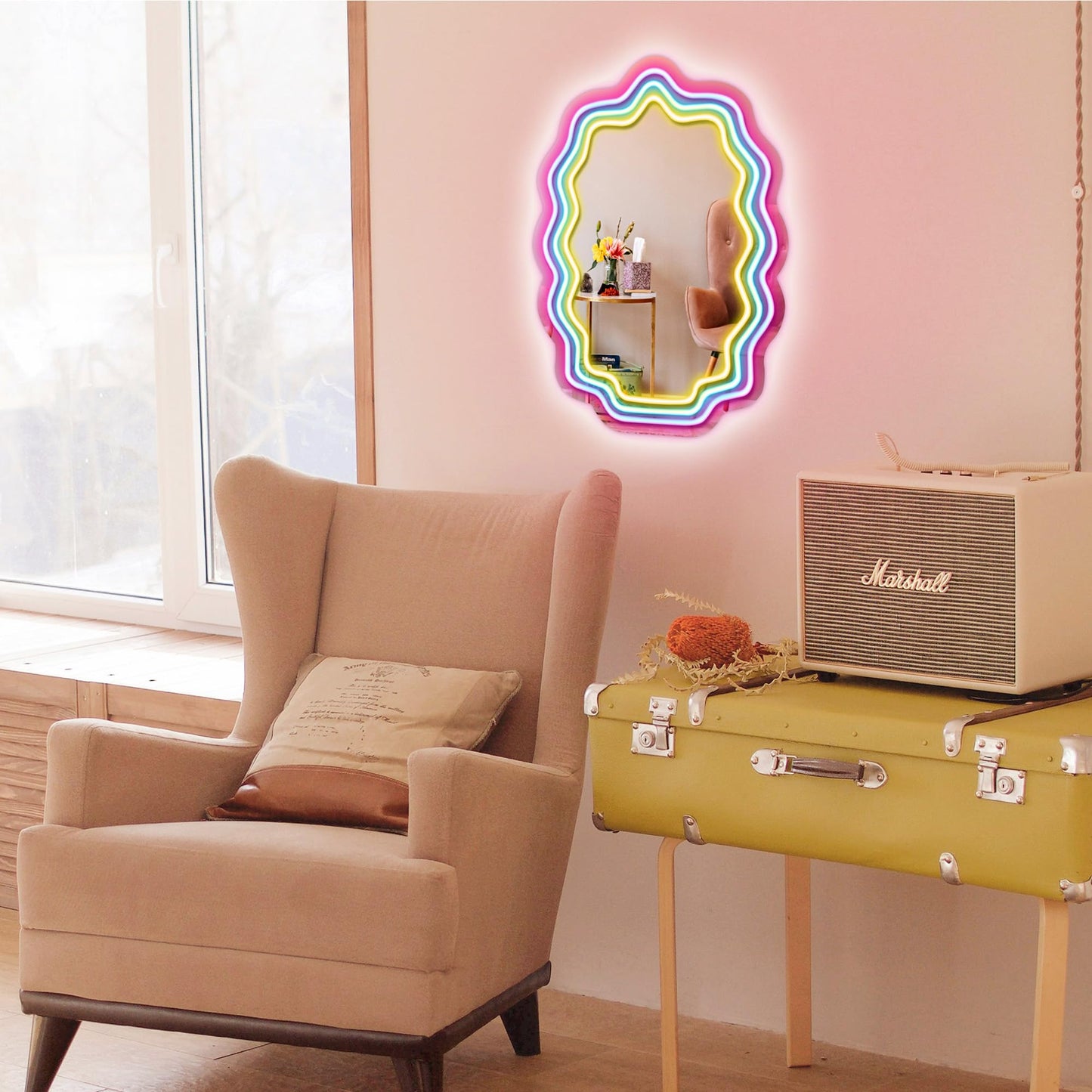 Kavaas Wavy Neon Mirror 16.9" x 12.7", LED Wave Mirror with Lights for Bedroom, Girls Room - Best Gifts for Teen Girls, Birthday, Christmas
