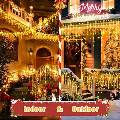 65 FT 640 LED Christmas Lights Outdoor Decorations Clear Wire String Lights Plug in 120 Drops 8 Modes Memory Timer Connectable Curtain Fairy Lights Waterproof for Holiday Wedding Party-Warm White