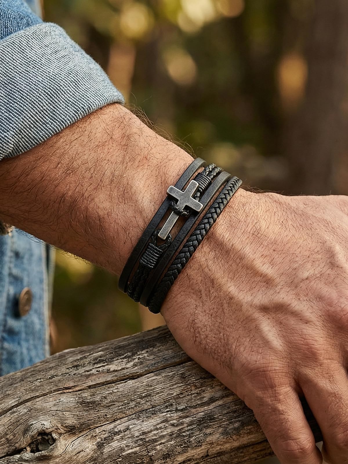 Mrcaois Retro Black Leather Bracelet Men, Vintage Cross Charm Bracelets - Genuine Leather Woven Strap for Graduation - Black, 8.3 Inch