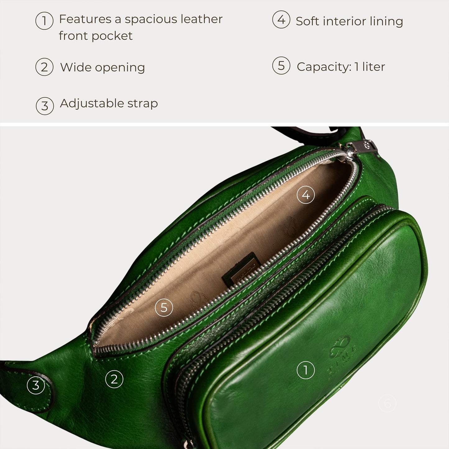 Time Resistance Leather Waist Pack - Belly Bag, Belt Bag, Fanny Pack - Handmade in Italy (Green)