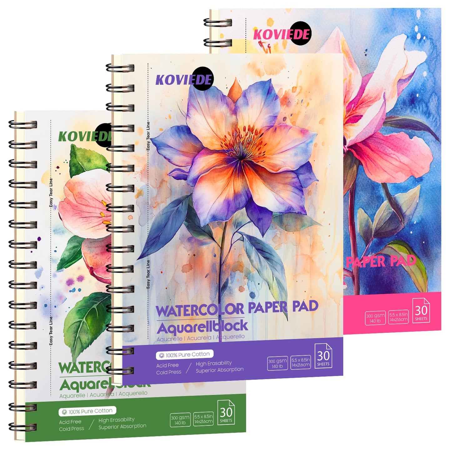 KOVIEDE 100% Cotton Watercolor Paper Pad 3 Pack (90 Sheets) Cold Press 140lb/300gsm Spiral Bound Watercolor Sketchbook, Artist Quality Art Journal Supplies (Floral-3 Pack, 5.5“x8.5)