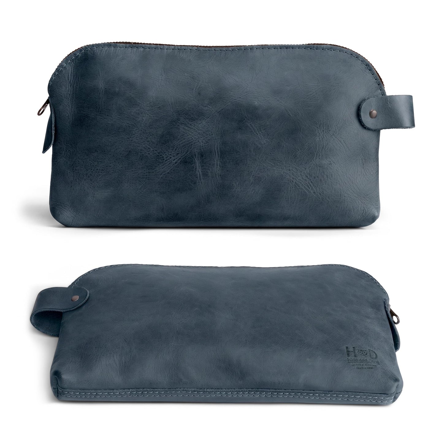 Hide & Drink, Large Rustic All Purpose Dopp Kit Utility Bag for Cords & Chargers, Travel Bag, Multi-Purpose Bag, Full Grain Leather, Handmade, Slate Blue