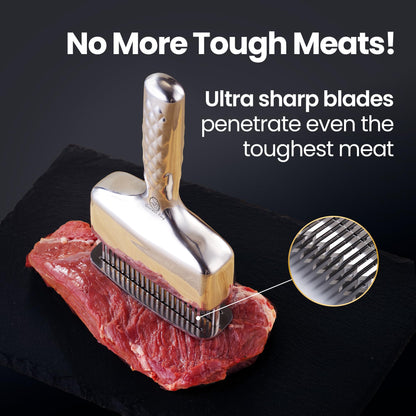 Meat Tenderizer Tool – Hassle Free Extra Long Handle, Rustproof One-Piece Meat Tenderizer Mallet & Hammer, Stainless Steel Blade Needle, Steak Cooking Accessories, No Assembly Needed, 5-Year Warranty
