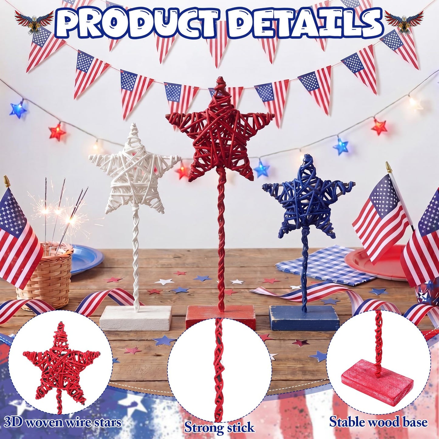 Tiamon 3 Pcs 4th of July Decorations, Metal Wood Patriotic Centerpieces Table Decor Red White Blue 3D Star Tray Sign Decor for Home Office USA July Fourth Independence Day 250th Anniversary Decoration