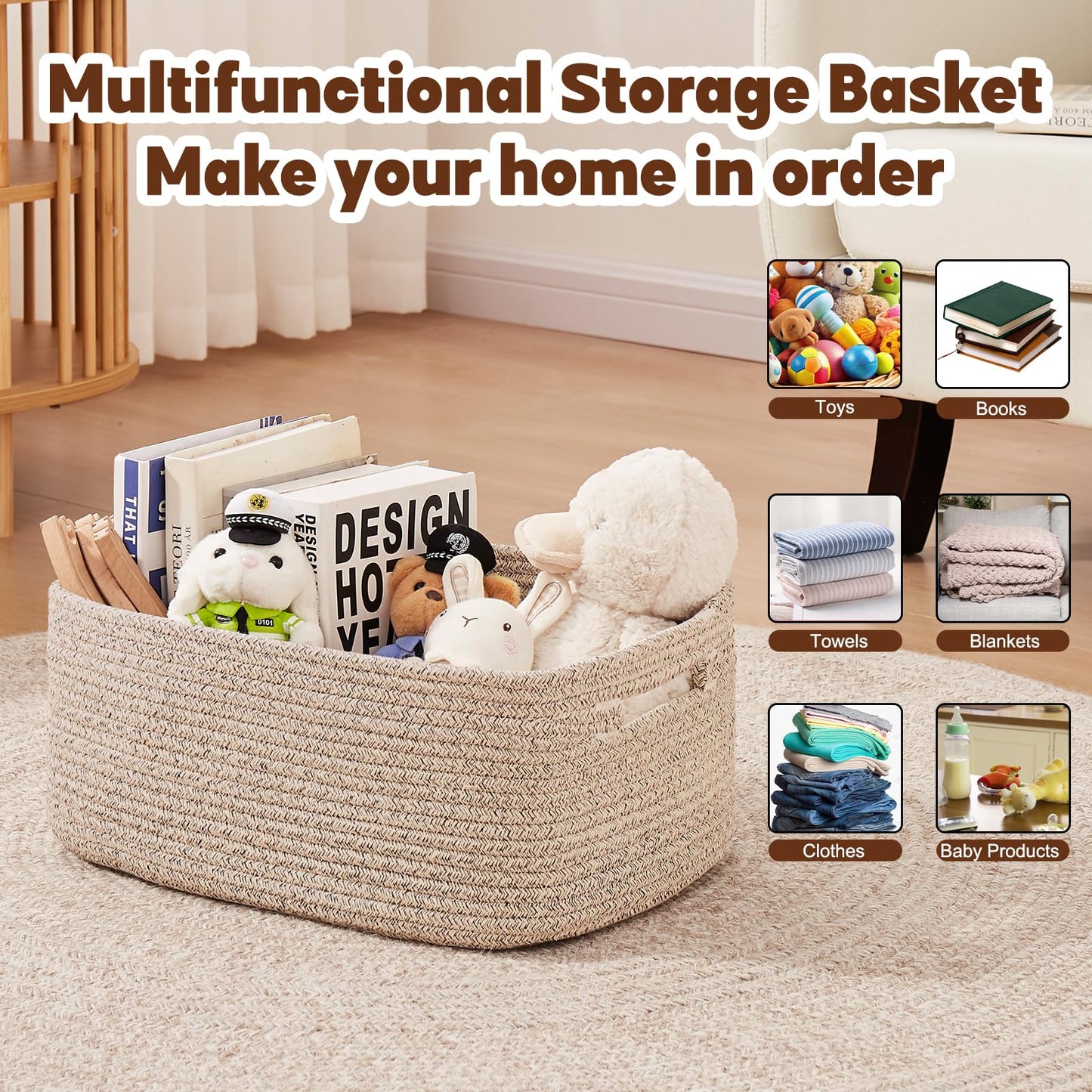 OIAHOMY Storage Basket for Shelves, Closet Cube Storage Bins Baskets for Clothes Blanket Towels, Baby Nursery, Toy Baskets Box, Woven Rope Basket, 15.75 * 11.81 * 7.09 IN, 2 Packs Brown