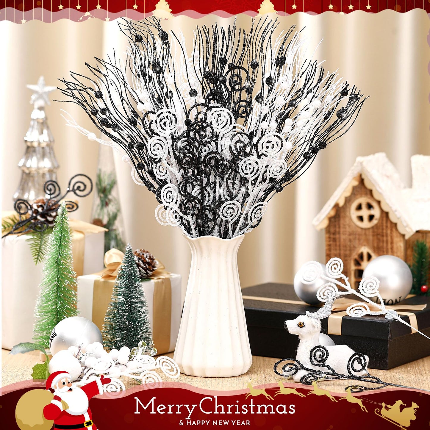 Daifunli 36 Pcs Black White Christmas Tree Picks and Sprays Ornaments 17'' 12'' Artificial Glitter Christmas Berry Stem Stick Branches Tree Filler Topper for Xmas Wreath Vase Home Decoration