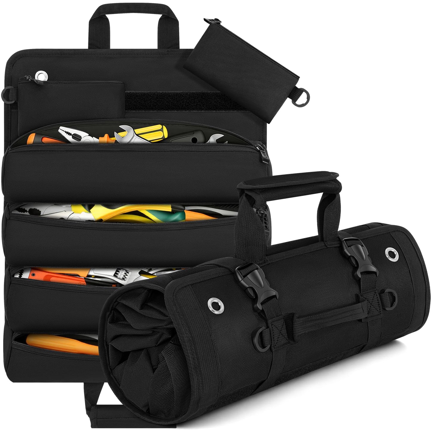 ANILD Roll Up Tool Bag Organizer, Heavy Duty Portable Tool Roll Organizer Bag with 2 Detachable Pouches, Father’s Day Gift, Gifts for Men, Electrician, Mechanic& Hobbyist (Black, Large)