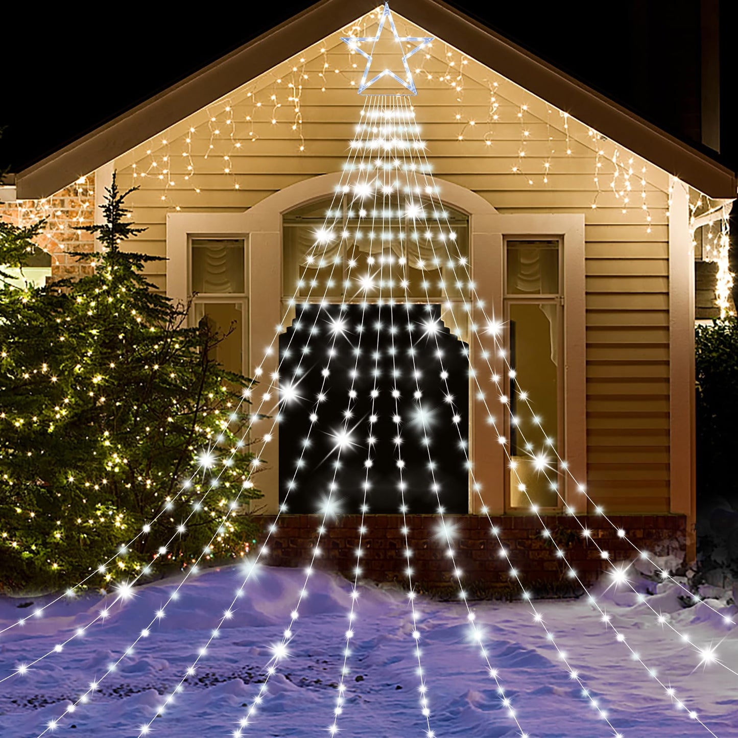 Onory Christmas Outdoor Star String Lights 23FT 860 LED Waterproof Waterfall Tree Lights with Star Topper, 8 Modes Christmas Decorations Outdoor Tree Lights for Patio, Yard, Party Holiday Dec
