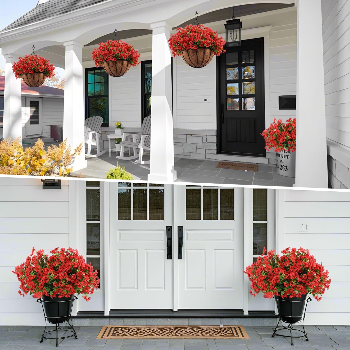 Hananona 24 Pcs Artficial Outdoor Flowers with Hanging Baskets, 2 Pack Hanging Planter with Red Outdoor Spring Flowers for Christmas Porch Home Patio Yard Decor (2, Red)