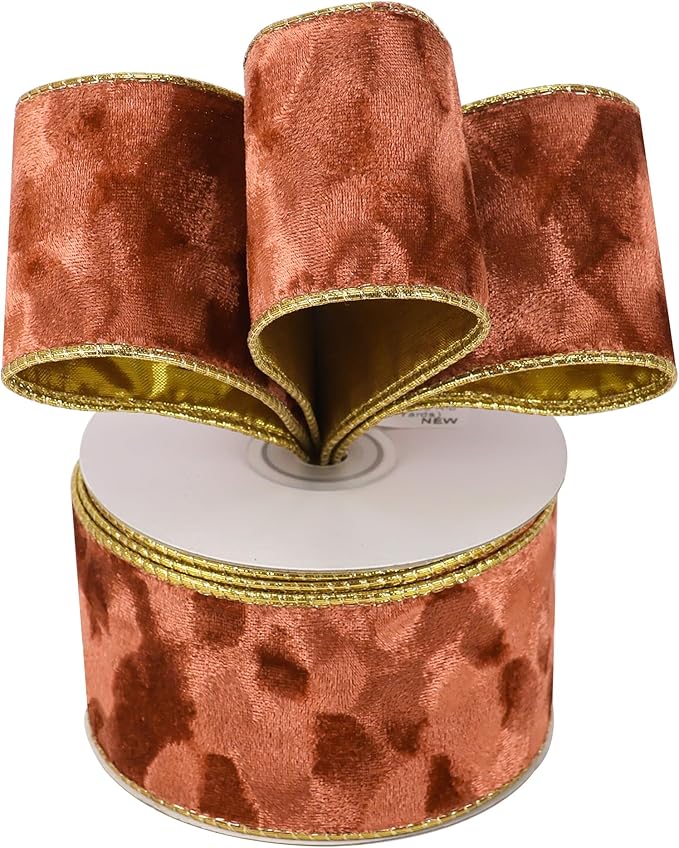 MEEDEE Copper Velvet with Gold Back Double Sided Christmas Wired Ribbon 2-1/2 inch 25 Yards Fall Velvet Ribbon for Christmas Tree, Wreaths, Crafts Bow, Garlands, Gift Wrapping, Seasonal Decorations