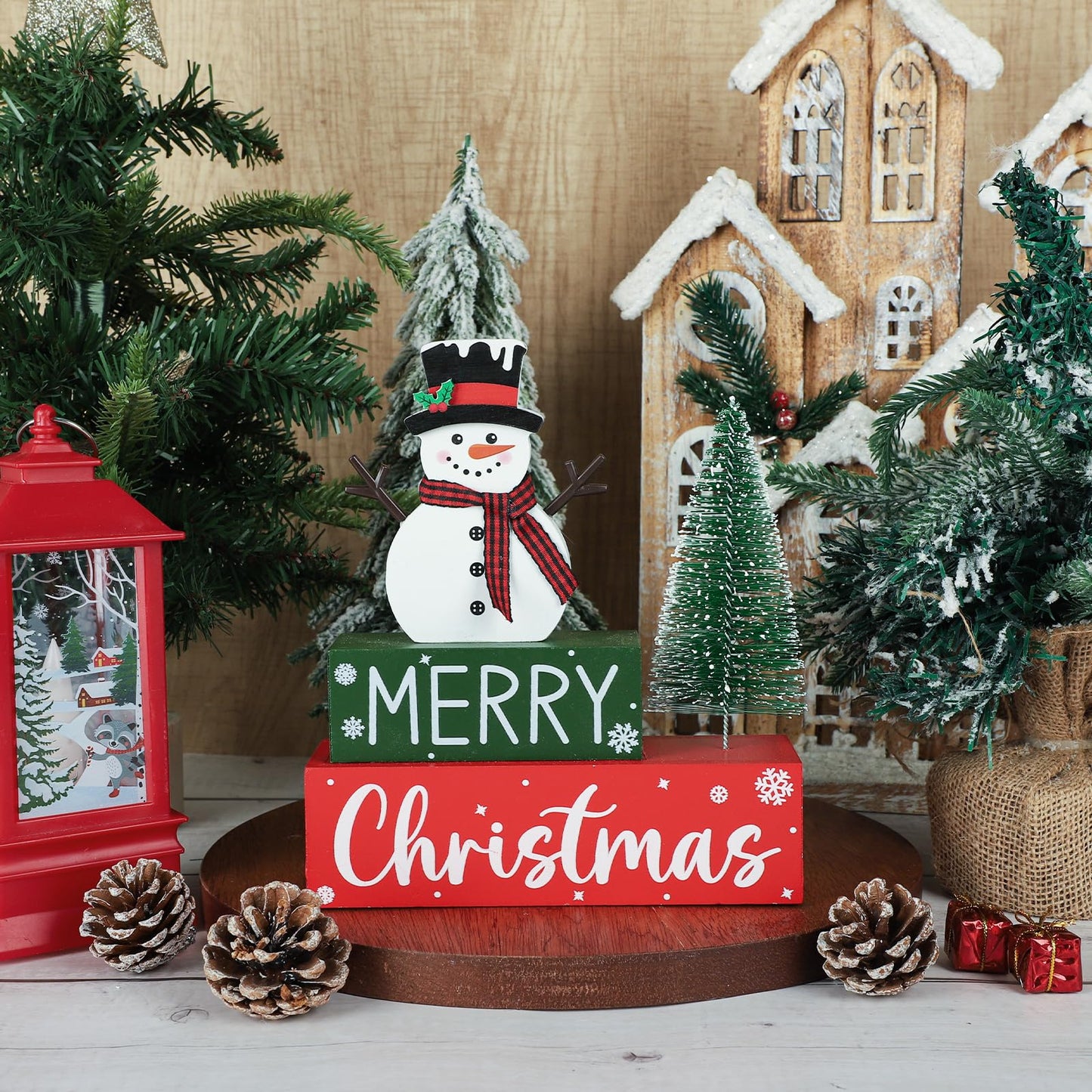 Merry Christmas Decorations Indoor Wooden Snowman Christmas Tabletop for Home Xmas Tree Centerpieces for Tables Wood Table Sign Decor Tiered Tray Office Desk Shelf Mantel Room Winter Holiday Party