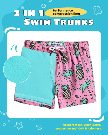 maamgic Boys Swim Trunks with Compression Liner Toddler Stretch Swim Shorts Quick Dry Swimming Trunks Boxer Brief 2 in 1 Beach Shorts Rose Coconut 8