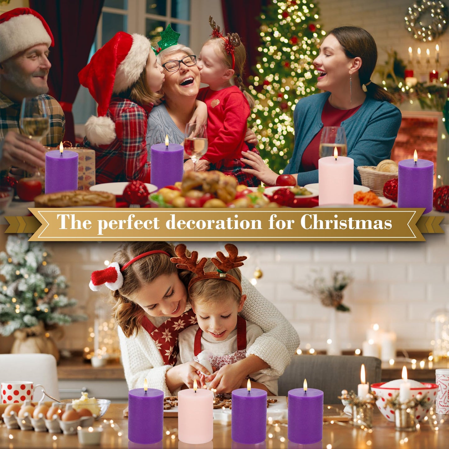 AFINETH Flamelss Advent Candles, Battery Operated Wax Pillar Candles with Remote, Flat Top Flickering Flameless Candles, LED Candles for for Christmas, Catholic, Advent, Wreath, Purple and Pink