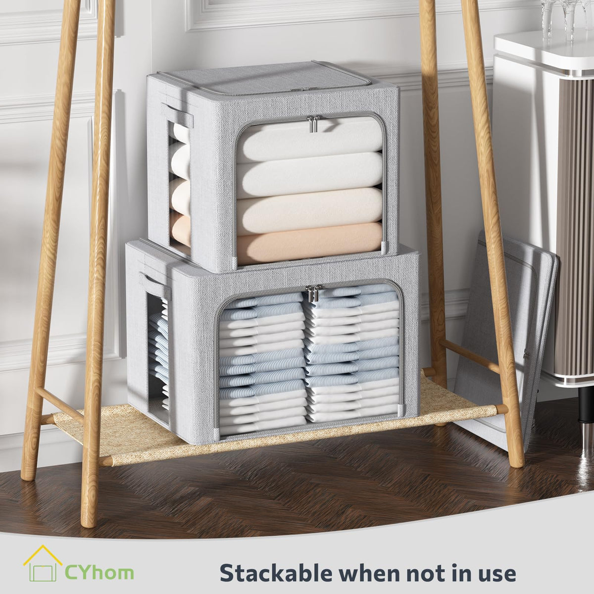 CYhom Clothes Storage Bins Box - Linen Fabric Foldable Stackable Container Organizer Set with Clear Window & Carry Handles & Metal Frame (Light Grey, Medium-36L)