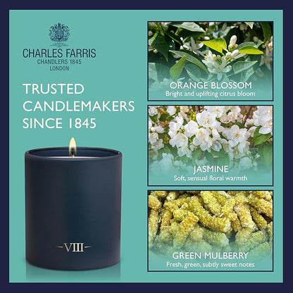 Charles Farris Luxury Scented Candle – 1 Wick, Hand-Poured, Long Lasting, Clean Burning, 210g / 7.5oz, Burns for up to 50 Hours, Made in England – Orange Blossom, Jasmine & Green Mulberry – Elizabeth
