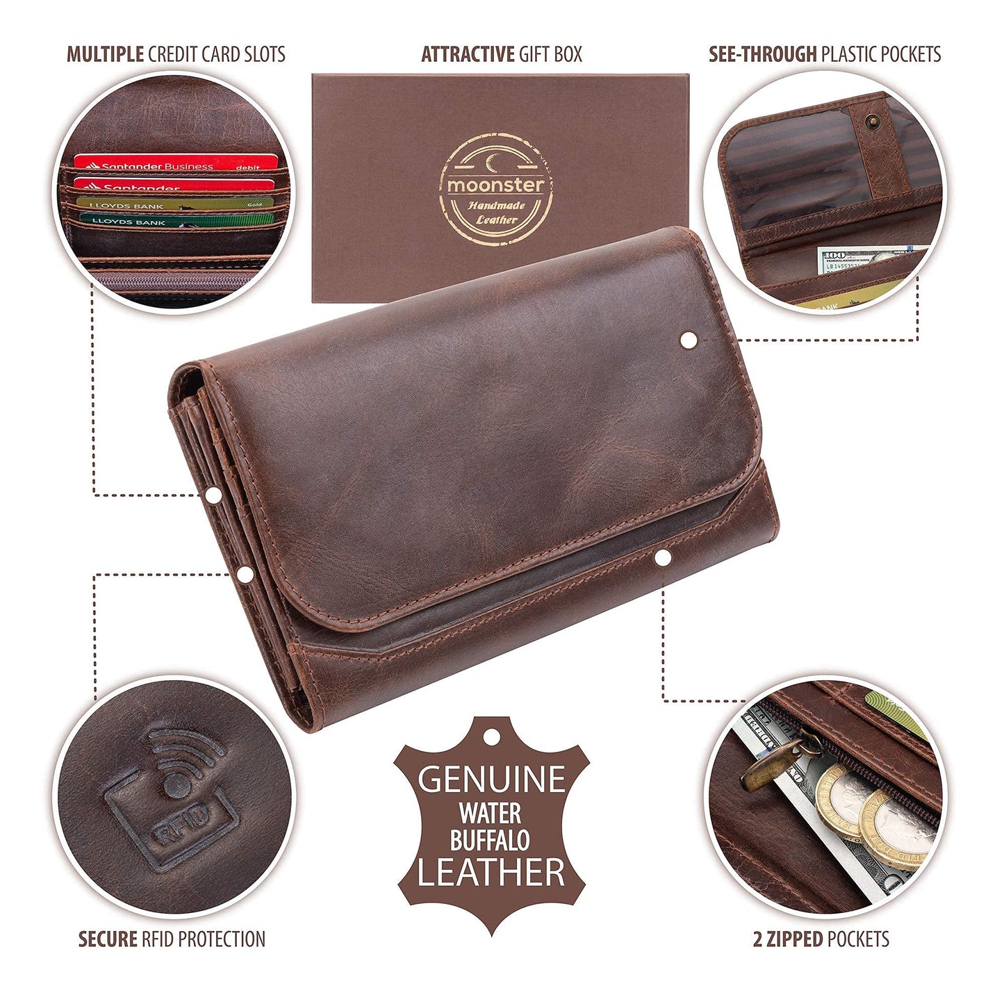 moonster Leather Wallets for Women 8x4 inch Handmade Womens Leather Wallet Brown - Genuine Leather Wallet Women -Ladies Wallets Leather - Women's Wallets - Multi Compartment RFID Wallet for Women