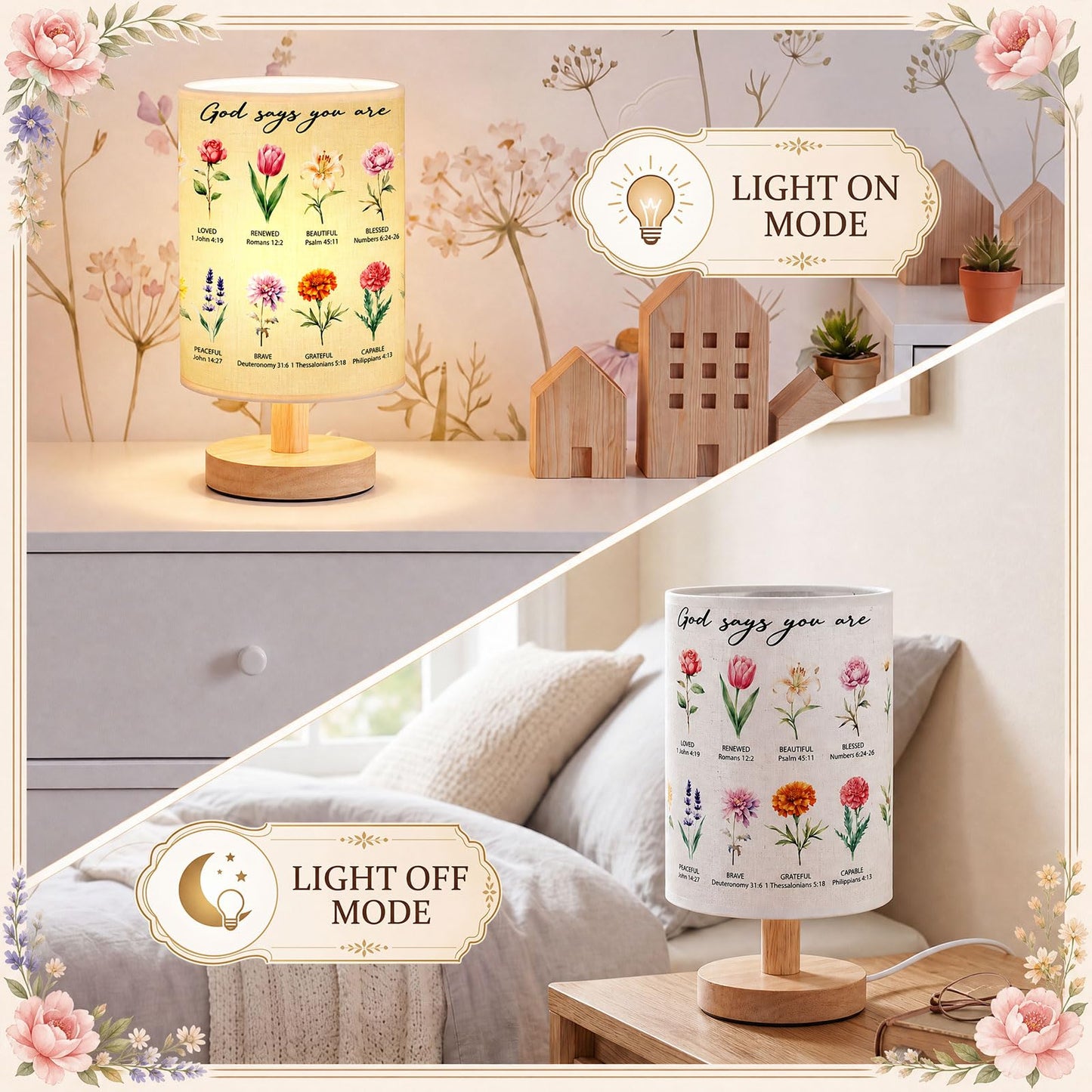 Gerrii Christian Gifts for Women Floral Table Lamp with Bible Verses, 9.6" Small Boho Bedside Lamp with Wooden Base, Religious Room Decor for Mom Friends Birthday Christmas