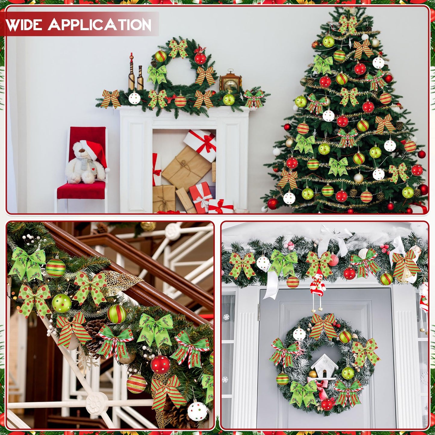 24 Pcs Red Green Christmas Tree Ornaments Set Large Wreath Bows and Red Green Glittering Christmas Ball Ornaments Swirl Candy Cane Peppermint Elf Hanging Decorations for Xmas Holiday Party Home Decor