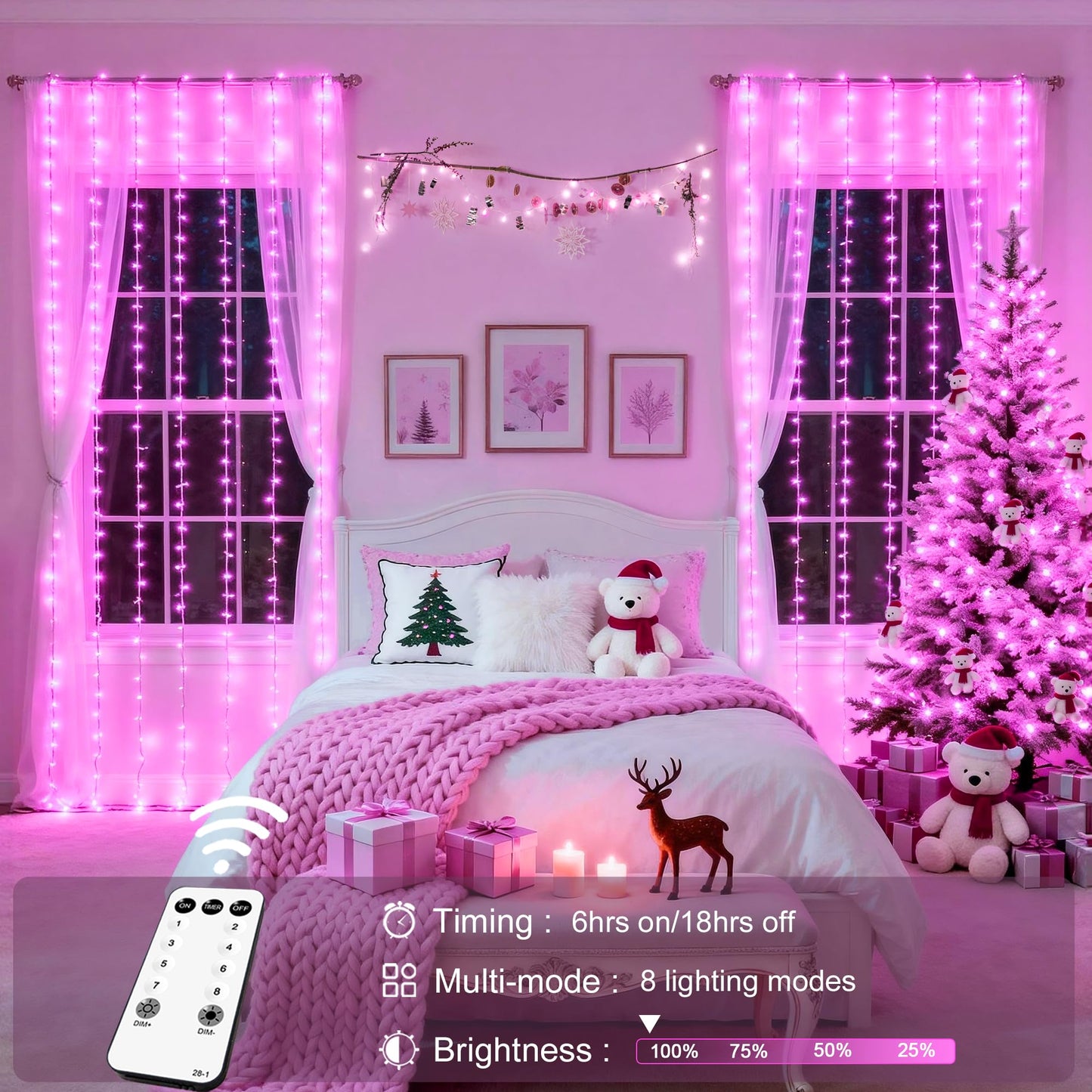 JMEXSUSS 300 LED Curtain Lights Plug in with Remote, Pink String Lights for Bedroom, Christmas, Window, Wall, Party, Teen, Girls' Room, Dorm, Valentine's Day Indoor Outdoor Decor, 9.8X9.8ft