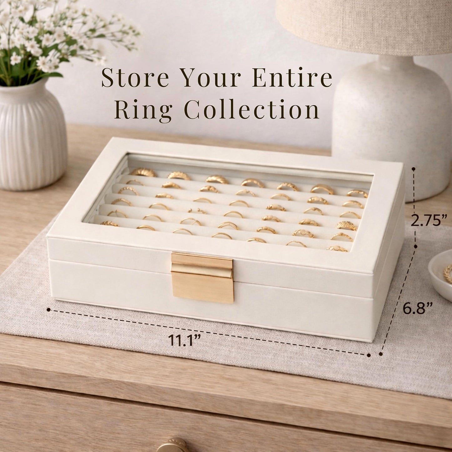 Ring and Earring Jewelry Display Box – Holds Up to 80 Rings, Faux Leather Jewelry Box with Velvet Interior and Clear Viewing Lid for Ring Organizer and Display