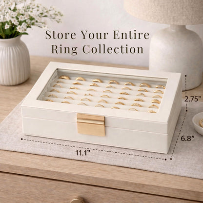 Ring and Earring Jewelry Display Box – Holds Up to 80 Rings, Faux Leather Jewelry Box with Velvet Interior and Clear Viewing Lid for Ring Organizer and Display