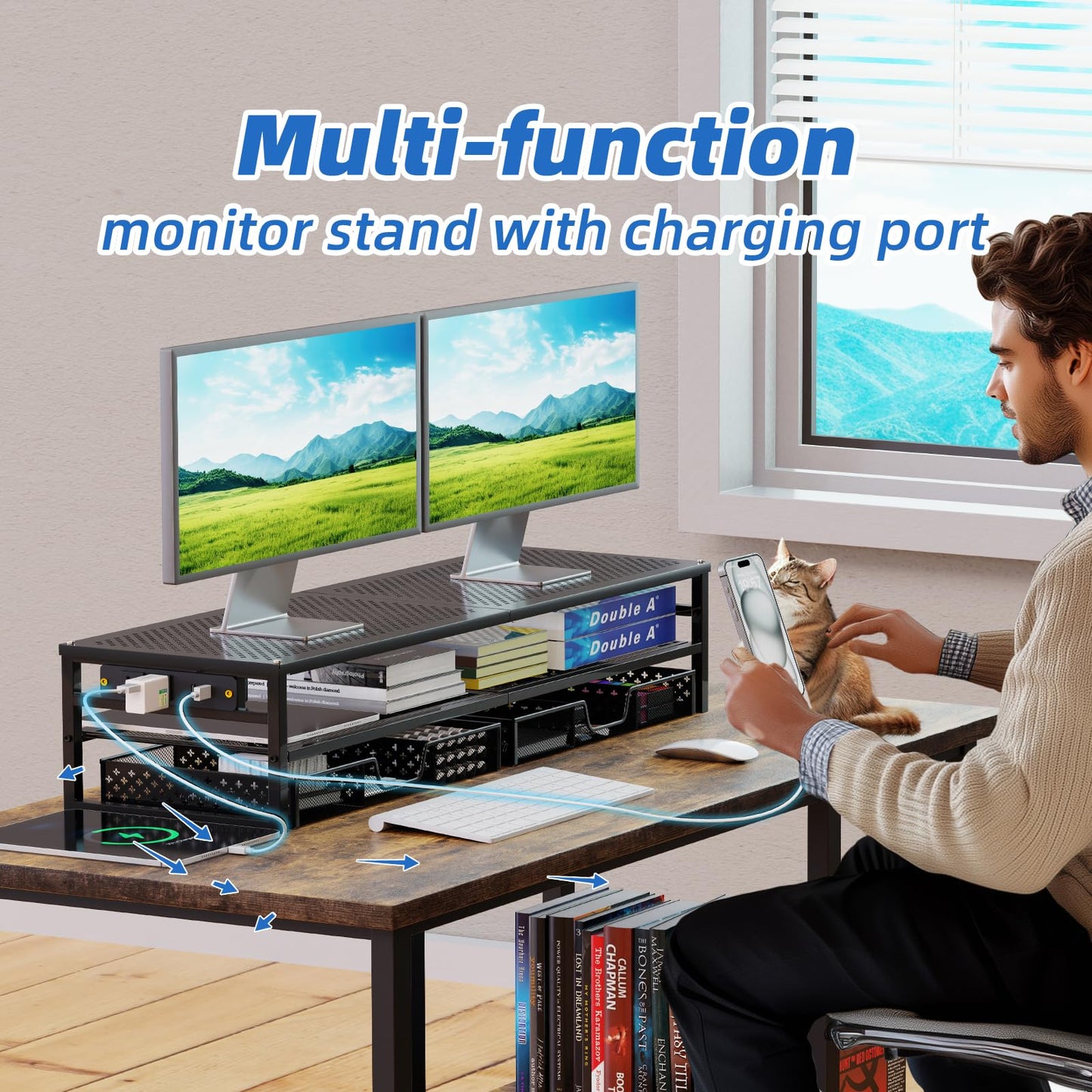 Simple Trending 2 Tier Metal Monitor Stand Riser with USB 2.0 and Charging Prot , Computer Office Desktop Organizer for 2 Monitors with 2 Drawer Storage and Reusable Cable Ties for Printer, TV, Black