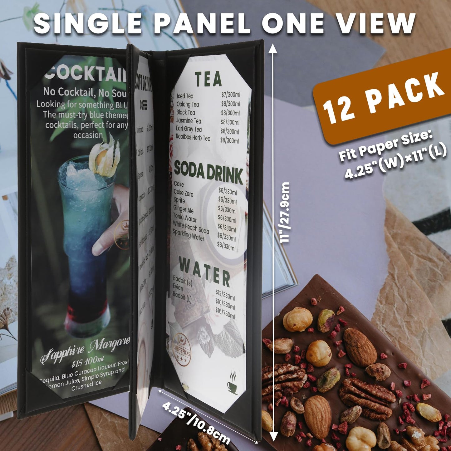 DUPDMKIN 12 Pack Menu Covers 4.25" x 11", 4 View PU Leather Menu Holders for Restaurant, Coffee Bars, Wine Lists, and Drink Specials