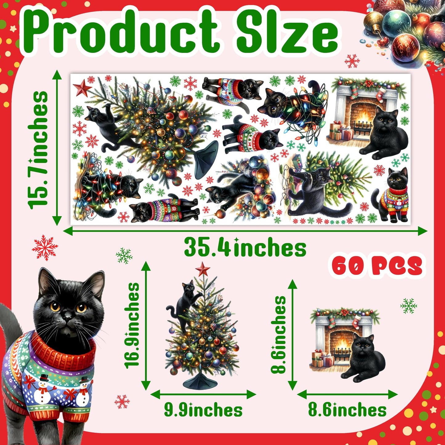 Christmas Decoration Window Clings Black Cat Window Sticker Indoor Removable Christmas Tree Static Decals Double-Sided Reusable Snowflake Vinyl Stickers for Home 2026 New Year Winter Holiday Supplies