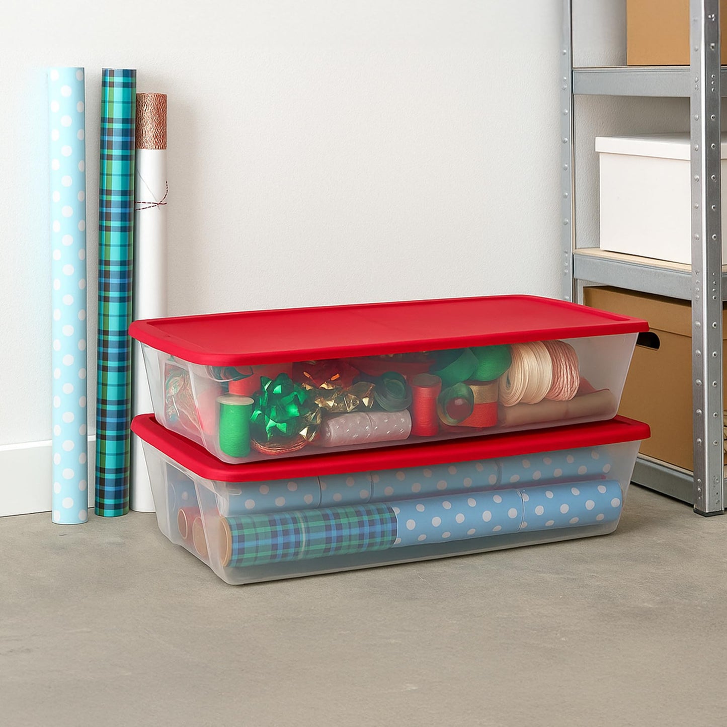 HOMZ 2-Pack Holiday Tote, Clear Plastic Storage Organizer Bins with Lids, 41 Quart, Red - Stackable Organizing Containers for Christmas Ornament Decorations, Gift Wraps, and Crafts